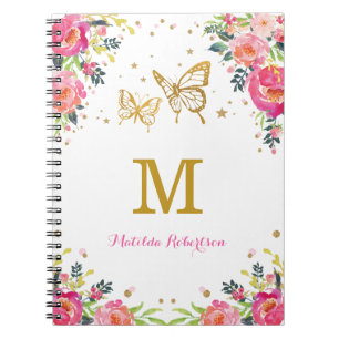 Monogram  Waterverf Floral Gold Butterfly Notitieboek