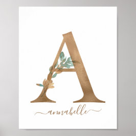 Monogram Waterverf Floral Gold Letter A Poster