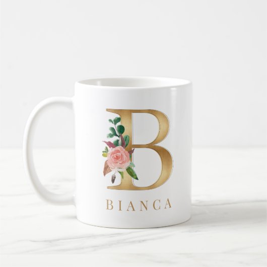 Monogram waterverf Floral & Gold Letter B Koffiemok (Links)