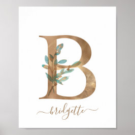 Monogram Waterverf Floral Gold Letter B Poster