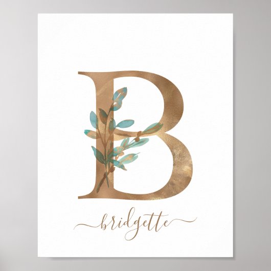 Monogram Waterverf Floral Gold Letter B Poster (Voorkant)