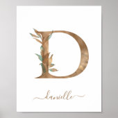 Monogram Waterverf Floral Gold Letter D Poster (Voorkant)