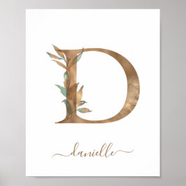 Monogram Waterverf Floral Gold Letter D Poster
