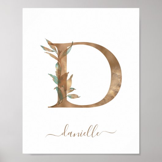 Monogram Waterverf Floral Gold Letter D Poster (Voorkant)