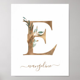 Monogram Waterverf Floral Gold Letter E Poster