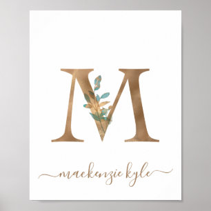 Monogram Waterverf Floral Gold Letter M Poster