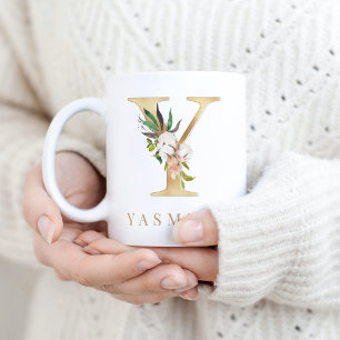 Monogram waterverf Floral & Gold Letter Y Koffiemok