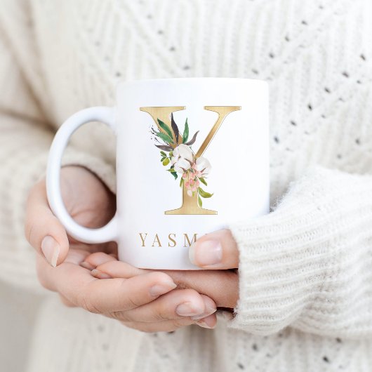 Monogram waterverf Floral & Gold Letter Y Koffiemok