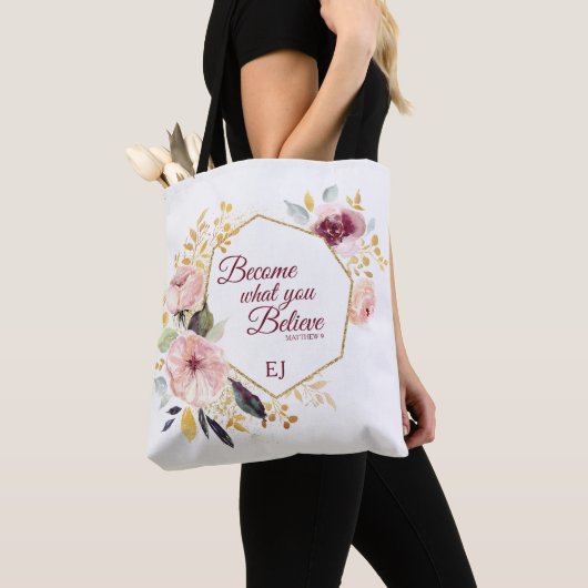 Monogram Waterverf Floral Gold Matthew Scripting Tote Bag (Dichtbij)