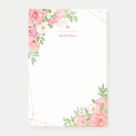 Monogram Waterverf Floral Greenery Pink Geometric Post-it® Notes (Voorkant)