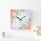 Monogram Waterverf Floral Greenery Pink Geometric Vierkante Klok (Huis)