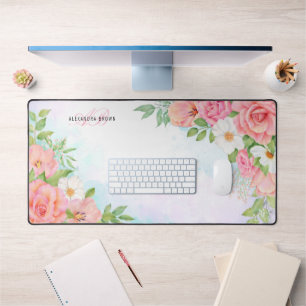Monogram Waterverf Floral Greenery Pink Rose Bureaumat