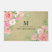 Monogram Waterverf Floral Greenery Pink Rose Deurmat (Voorkant)