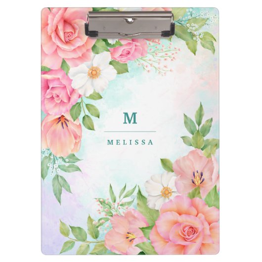 Monogram Waterverf Floral Greenery Pink Rose Klembord (Voorkant)