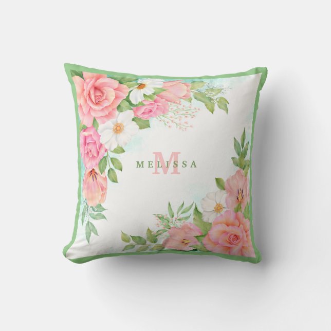 Monogram Waterverf Floral Greenery Pink Rose Kussen (Voorkant)