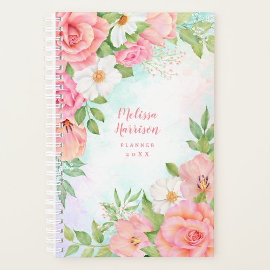 Monogram Waterverf Floral Greenery Pink Rose Planner (Voorkant)