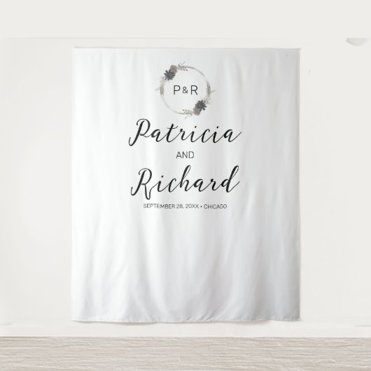 Monogram Waterverf Floral Wedding Backdrop Wandkleed (Voorkant)