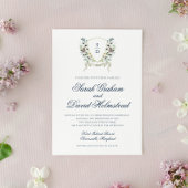 Monogram Waterverf Floral Wedding Crest Uitnodigin Kaart
