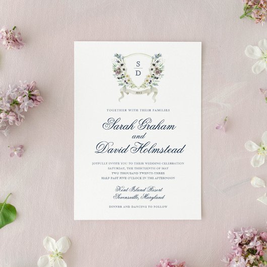 Monogram Waterverf Floral Wedding Crest Uitnodigin Kaart