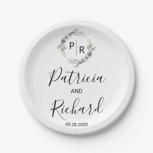 Monogram Waterverf Floral Wedding Papieren Bordje (Voorkant)