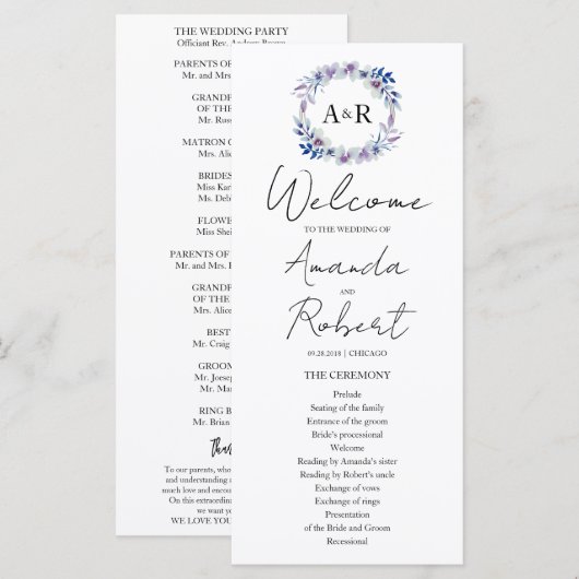 Monogram Waterverf Floral Wedding Programme (Voorkant / Achterkant)
