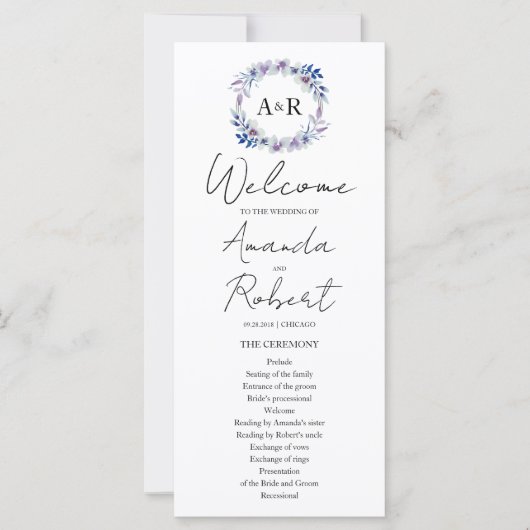 Monogram Waterverf Floral Wedding Programme (Voorkant)