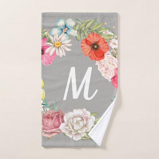 Monogram Waterverf Floral Wreath Bad Handdoek (Handdoek)