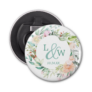 Monogram Waterverf Floral Wreath Wedding Button Flesopener