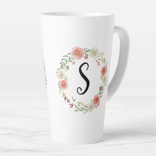 Monogram Waterverf Floral Wreatroze witte rozen Latte Mok (Rechterhoek)