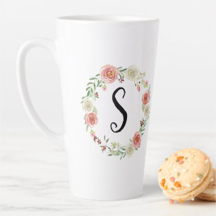 Monogram Waterverf Floral Wreatroze witte rozen Latte Mok