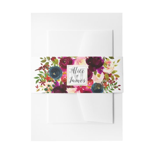 Monogram Waterverf Flowers, Red Ombre Uitnodigingen Wikkel (Voorkant Voorbeeld)