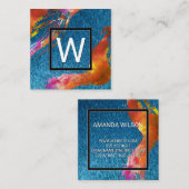 Monogram Waterverf geborsteld | Blauwe textuur Vierkante Visitekaartje (Voorkant / Achterkant)