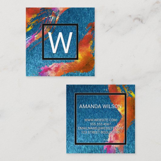 Monogram Waterverf geborsteld | Blauwe textuur Vierkante Visitekaartje (Voorkant / Achterkant)