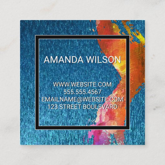 Monogram Waterverf geborsteld | Blauwe textuur Vierkante Visitekaartje (Achterkant)