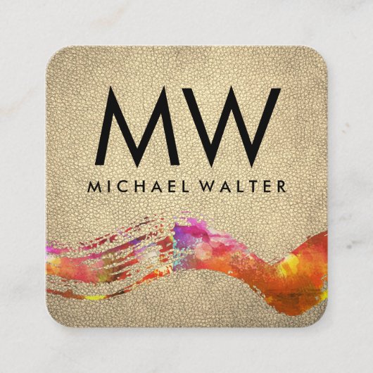 Monogram Waterverf geborsteld met Chic Gold Leathe Vierkante Visitekaartje (Voorkant)