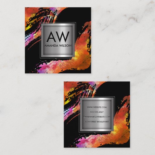 Monogram Waterverf geborsteld | Metalen banner Vierkante Visitekaartje (Voorkant / Achterkant)