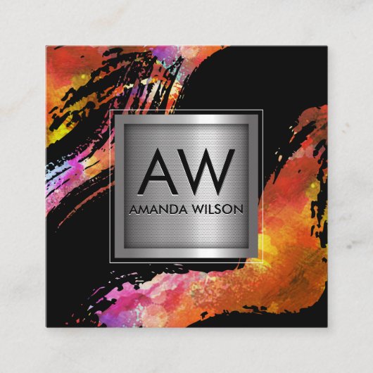 Monogram Waterverf geborsteld | Metalen banner Vierkante Visitekaartje (Voorkant)