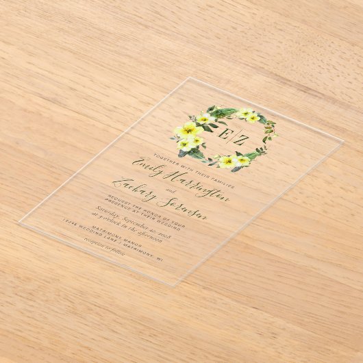Monogram Waterverf Geel Floral Wreath Wedding Acryl Uitnodigingen (Laagn)