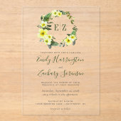 Monogram Waterverf Geel Floral Wreath Wedding Acryl Uitnodigingen (Voorkant)
