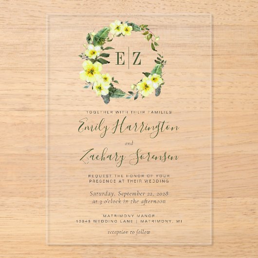 Monogram Waterverf Geel Floral Wreath Wedding Acryl Uitnodigingen (Voorkant)