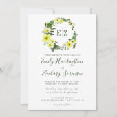 Monogram Waterverf Geel Floral Wreath Wedding Kaart (Voorkant)