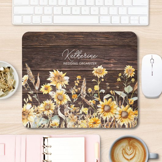 Monogram Waterverf Geel Zonnebloem Field Wood Muismat