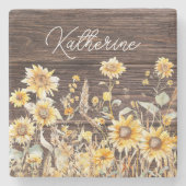 Monogram Waterverf Geel Zonnebloem Field Wood Stenen Onderzetter (Voorkant)