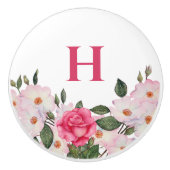 Monogram Waterverf Gentle roze witte rozen Keramische Knop (Voorkant)