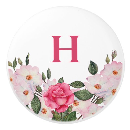Monogram Waterverf Gentle roze witte rozen Keramische Knop (Voorkant)