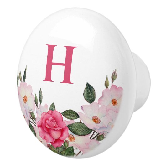 Monogram Waterverf Gentle roze witte rozen Keramische Knop (Rechts)