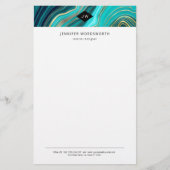 Monogram Waterverf Geode Green Agate Malachite Briefpapier (Voorkant)