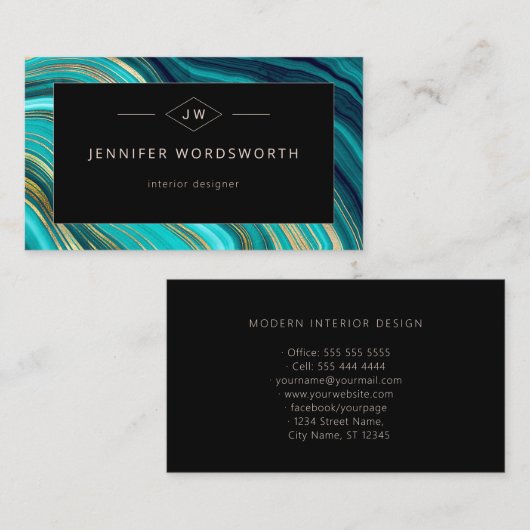 Monogram Waterverf Geode Green Agate Malachite Visitekaartje (Voorkant / Achterkant)