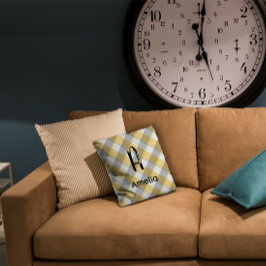 Monogram waterverf gingham geel grijs patroon kussen