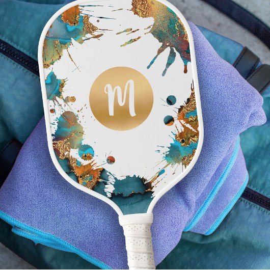 Monogram Waterverf Gold Turquoise Oranje Splatter Pickleball Paddle